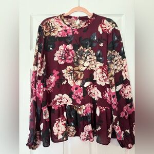 LOFT Burgundy Floral Long-Sleeve Peplum Blouse